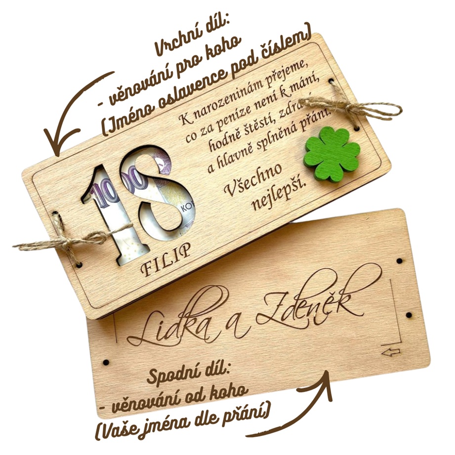 Dřevěné přání na peníze jubileum narozeniny